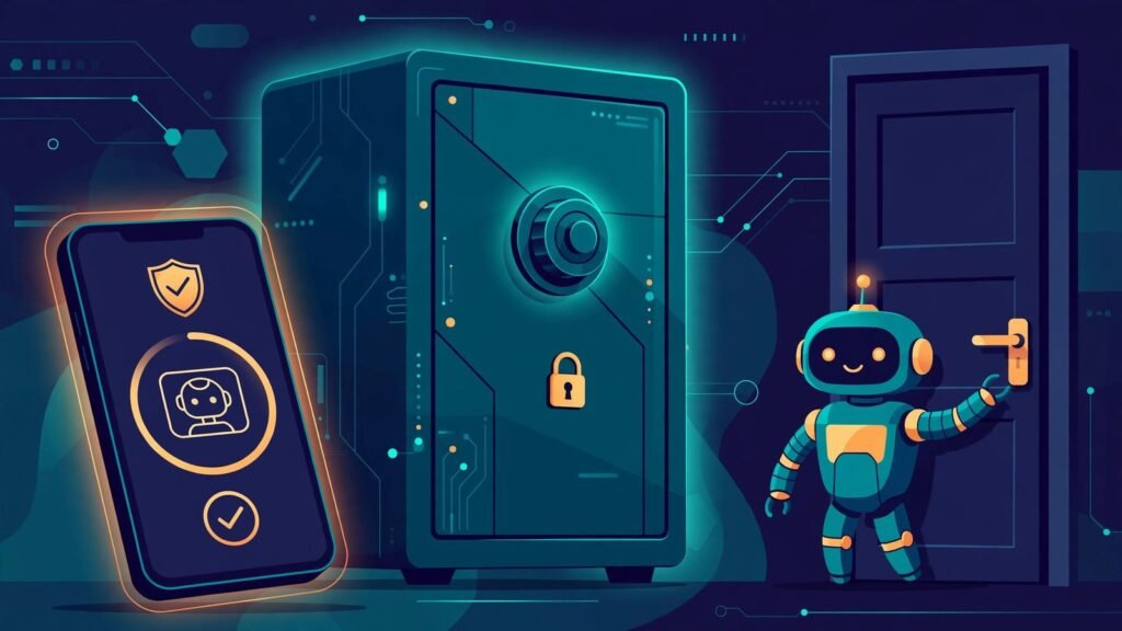 Illustration of a smartphone approving an AI agent sign-in request while the password stays locked inside a password vault, 2026