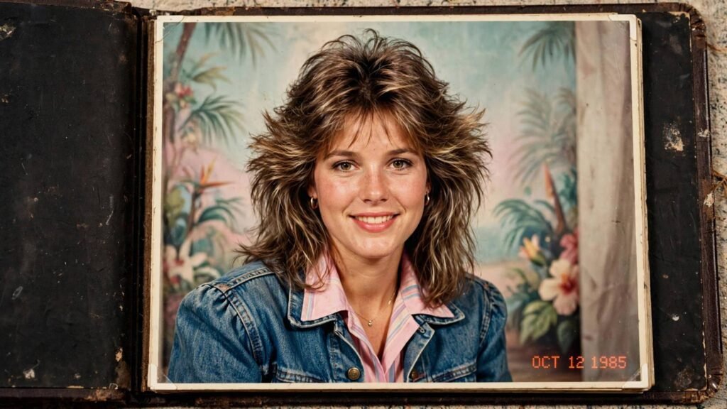Person in mid-1980s clothing with feathered hair in a mall studio portrait, direct flash and faded film colours, 2026
