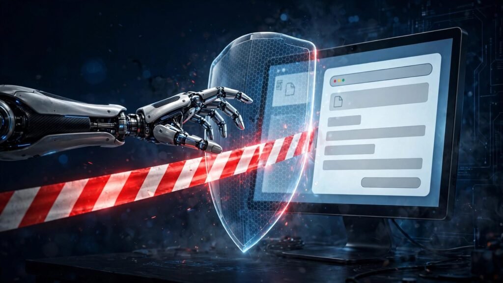 Illustration of an AI agent stopped by a safety barrier before submitting an online form, 2026