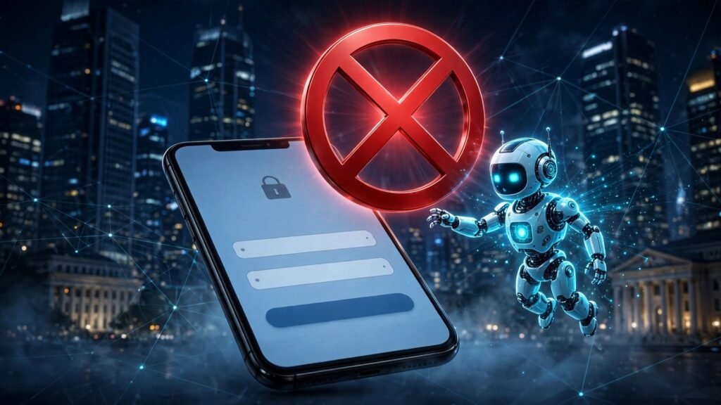 AI robot blocked from a bank app login screen by a red prohibition symbol, 2026