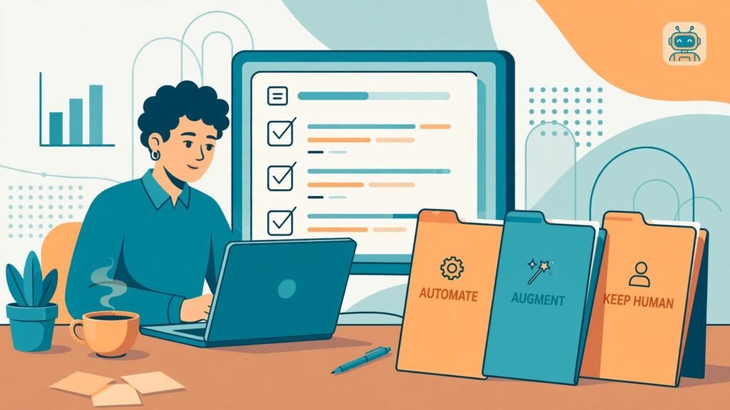 Flat illustration of a person auditing career tasks on a laptop, with folders labelled Automate, Augment and Keep Human, 2026.