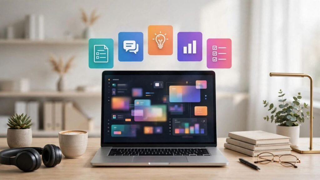 AI job hunt dashboard with colourful work and chart icons on a computer screen, 2026
