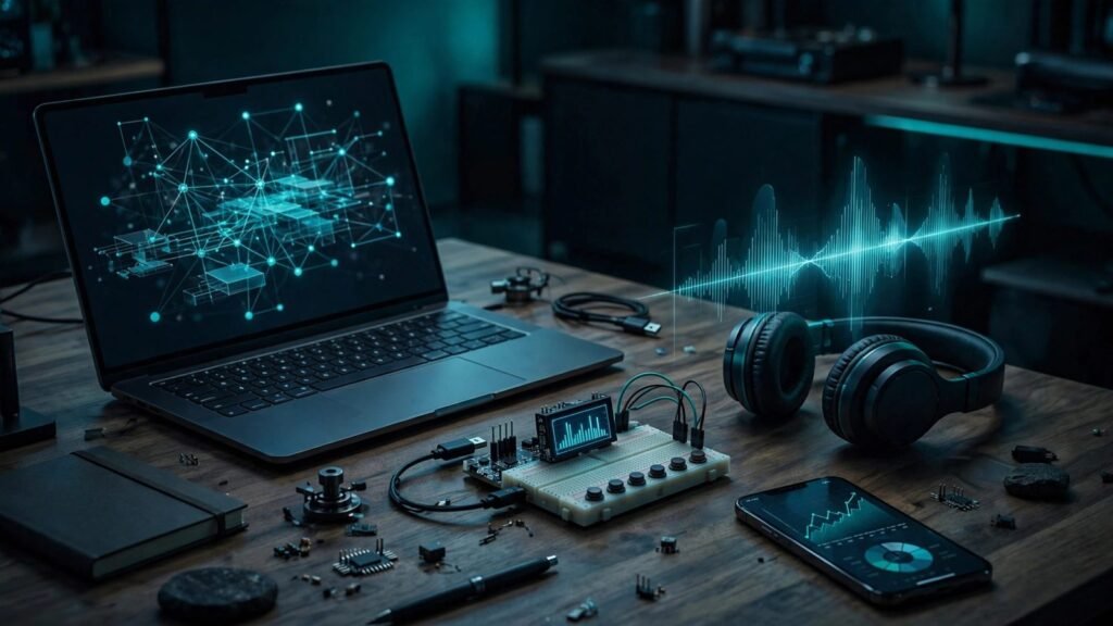 Workspace with laptop AI tools, DIY microcontroller gadget, transcription waveform and finance chart, October 2026