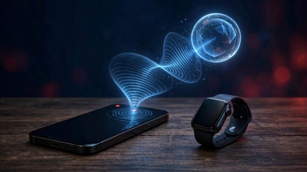 Smartphone and smartwatch on a desk with blue sound waves flowing from the phone to an AI orb, illustrating an always-listening AI assistant, 2026