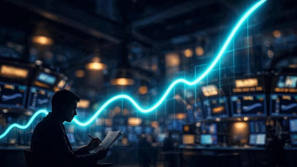Illustration of a rising revenue chart on a stock market screen with a document reader, 2026