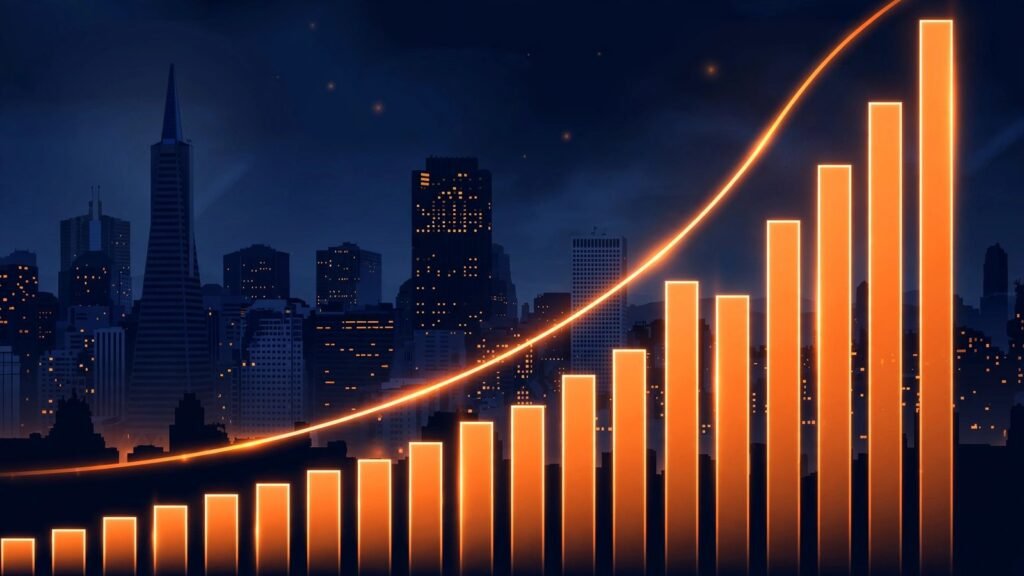 Abstract illustration of soaring orange revenue bars against a dark skyline, October 2026