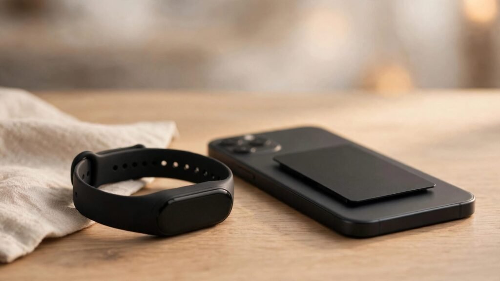 Smart wristband wearable and credit-card-sized magnetic AI listening device on a desk, 2026