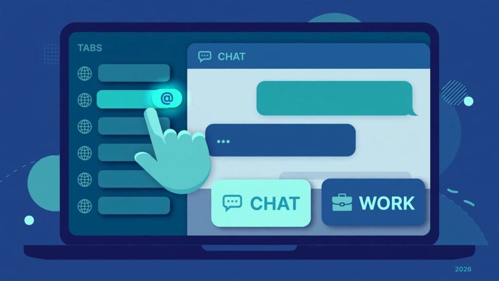 Flat illustration of a laptop showing a ChatGPT-style chat window reading open browser tabs, 2026