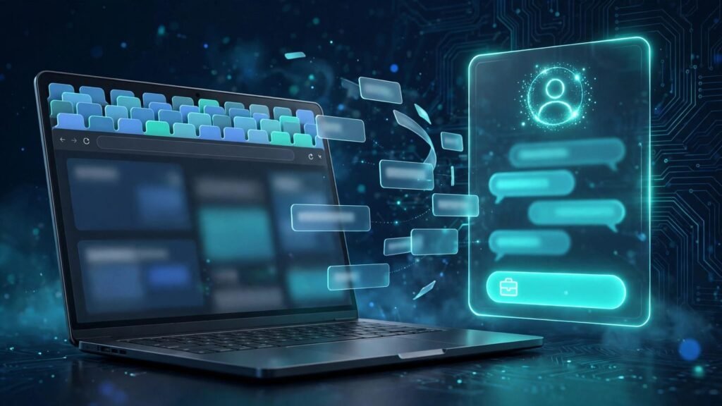 AI assistant panel organising browser tabs on a laptop screen, 2026