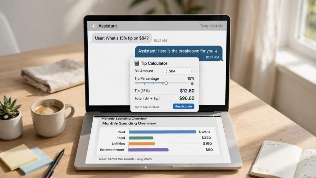 ChatGPT Intelligent UI showing an interactive calculator and chart inside a chat answer on a laptop, 2026