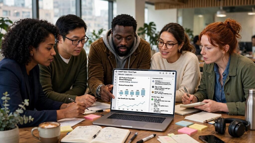 Team collaborating in ChatGPT Space with shared Pages on a laptop screen, 2026
