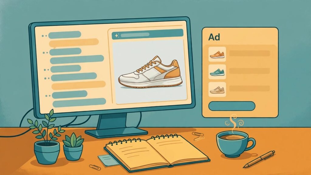 Flat illustration of a marketer's desk with a monitor showing ChatGPT generating a product photo beside a labeled Ad panel of product images, 2026
