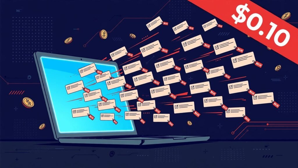 Laptop with AI task cards and $0.10 price banner, 2026