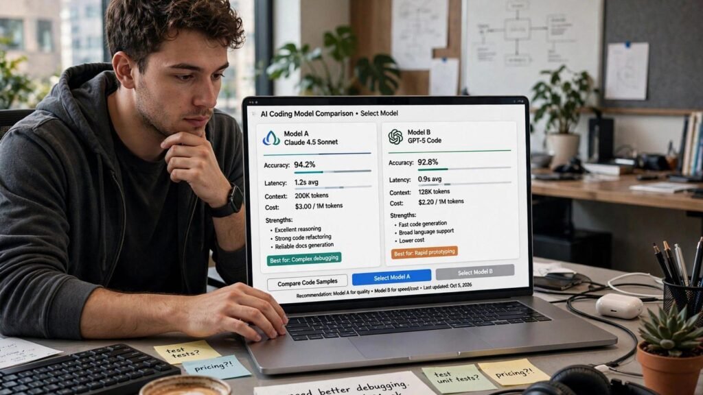 Developer comparing Claude Opus 5.5 and Sonnet 5.5 coding models on a laptop, 2026