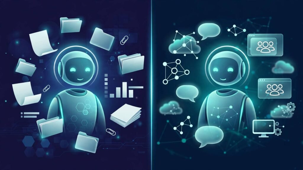 Split illustration of two AI agents: Claude Cowork with file folders on one side, OpenAI Dots with a cloud computer and chat windows on the other, 2026