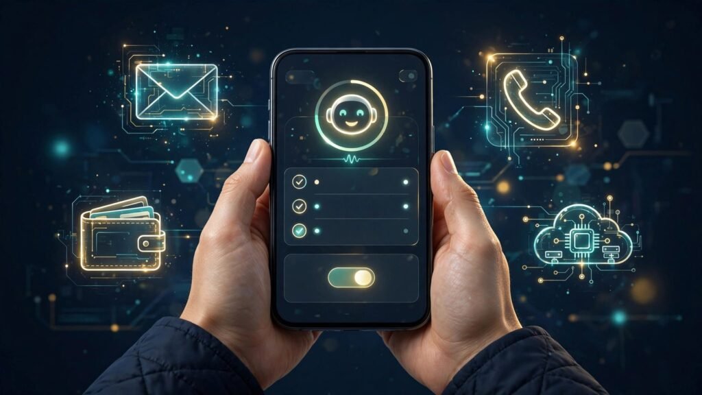 Person holding a smartphone showing a Cue by Manus personal-agent setup screen, with email, phone, wallet and cloud computer icons, 2026