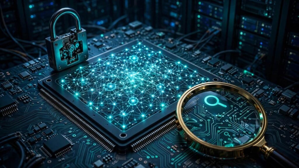 AI processor chip with open padlock and search magnifier, DeepSeek V4.1-Flash-1017 open model illustration, 2026