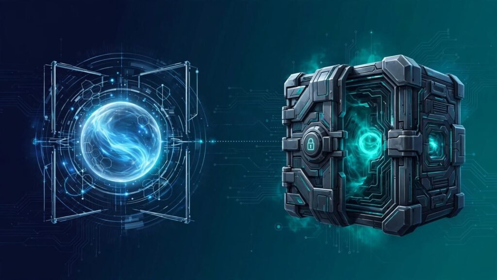 Futuristic illustration comparing a public AI model with an internal-only checkpoint, 2026