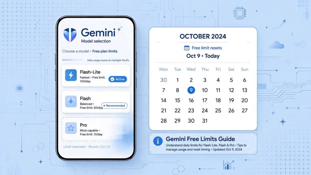 Smartphone showing Gemini model choices Flash-Lite Flash and Pro with October calendar, 2026