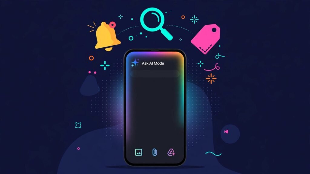 Smartphone showing Google AI Mode monitoring alerts with price and location icons, 2026
