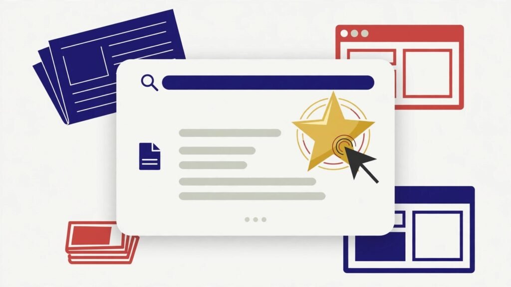 Illustration of a search results card with a gold preferred-source star badge, 2026.
