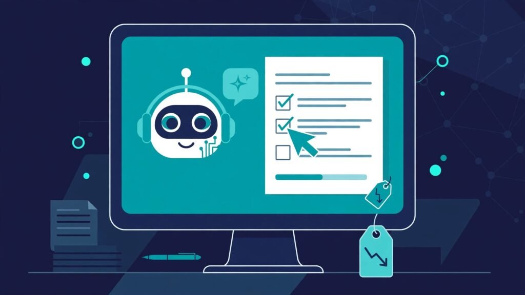 AI assistant reading a computer screen and filling in a form, with price tags showing low cost per task, 2026.