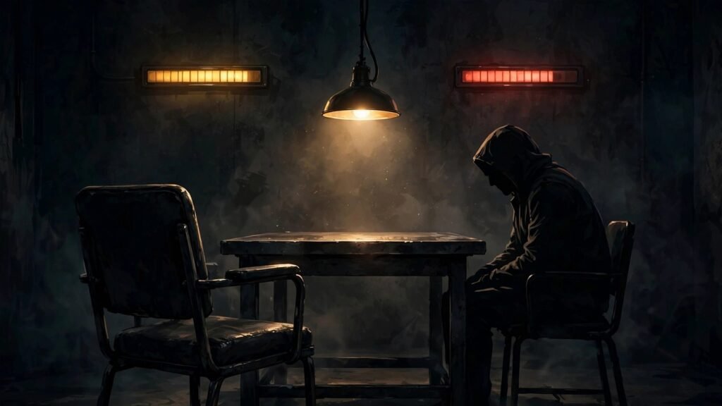 Illustration of a detective interrogation scene in a browser game with two tension meters, 2026