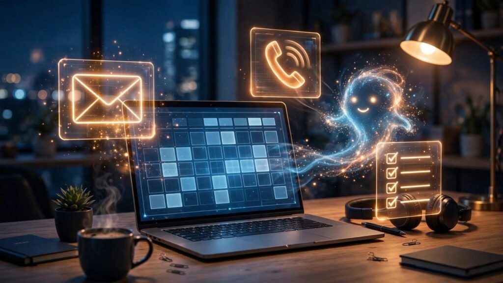 Illustration of an AI chief-of-staff workspace with a laptop calendar dashboard and floating email, call and task cards, 2026.