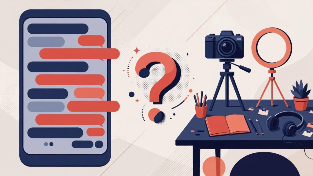Smartphone displaying an AI chat app beside a content creator's desk with a camera and ring light, editorial illustration, 2026.