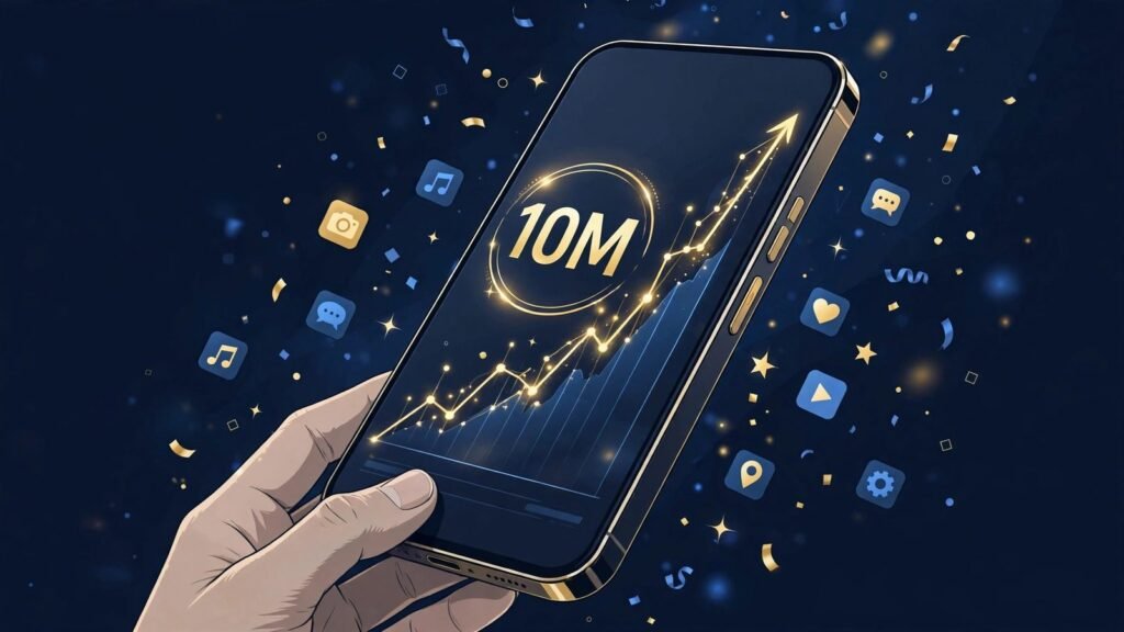 Editorial illustration of a smartphone showing Meta's Muse AI app reaching 10 million downloads, 2026.