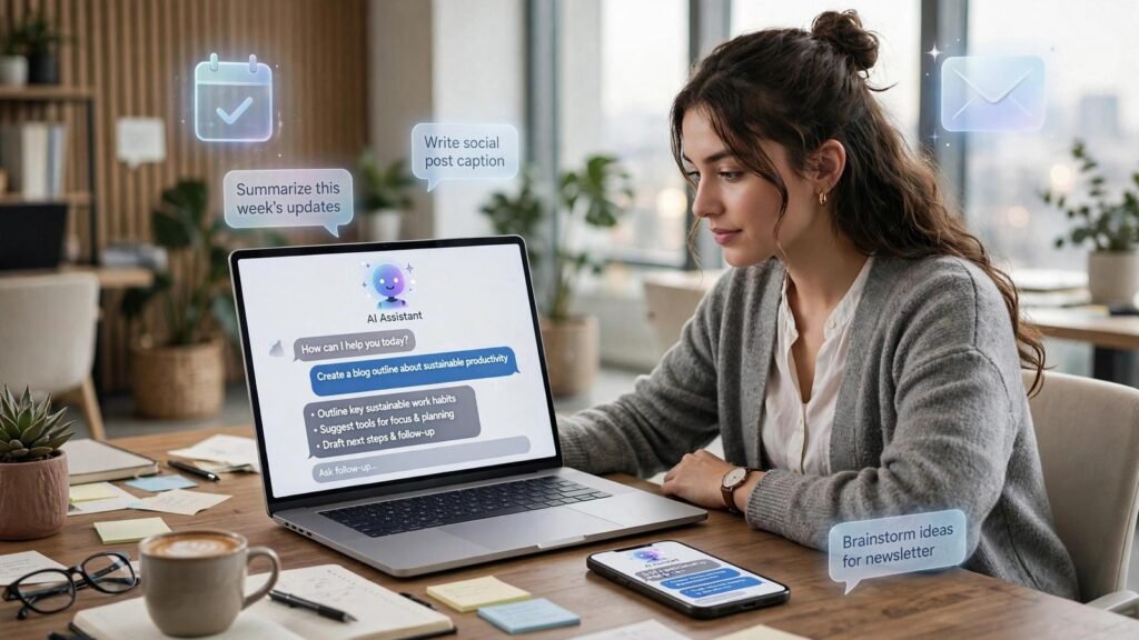 Professional using Muse AI agent on phone and laptop to run prompts, 2026