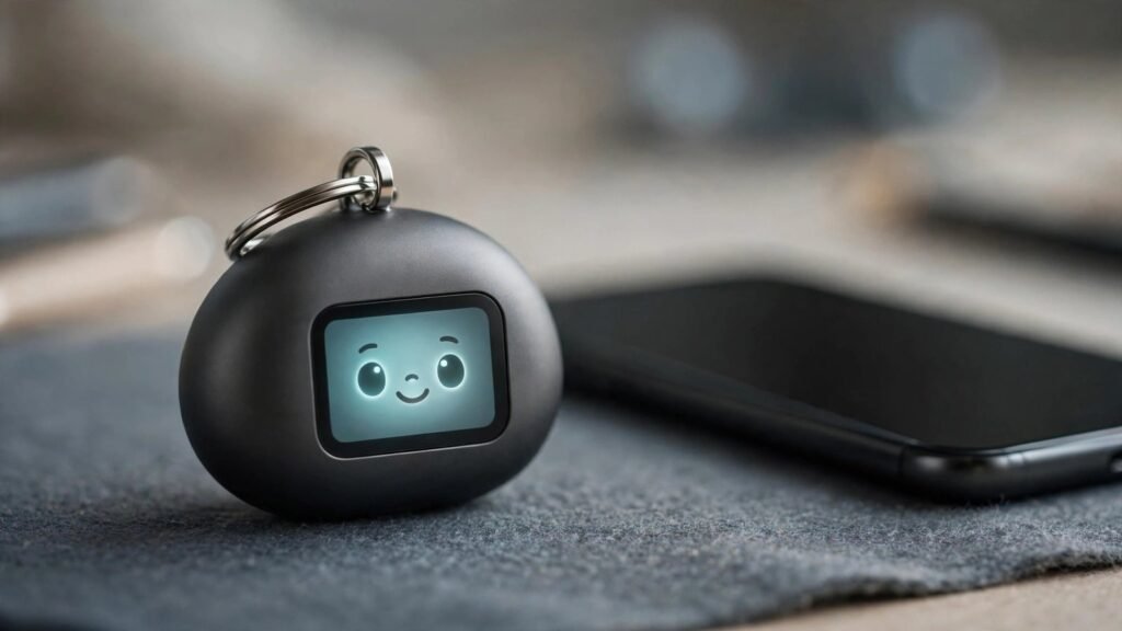 AI-generated illustration of a small keychain-sized AI pendant device with an animated avatar face on its screen, next to a smartphone, 2026