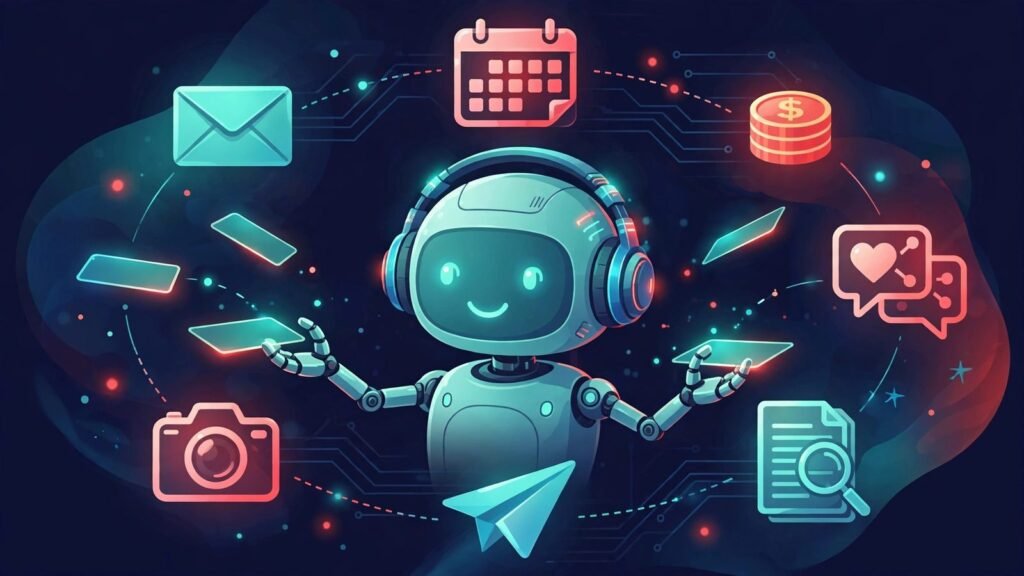 AI assistant handing out skill cards to icons for email, calendar, money and travel.