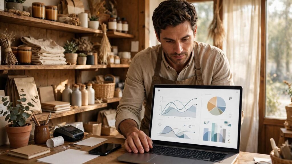 Small business owner reviewing connected Shopify, QuickBooks and Stripe dashboards on a laptop in a retail shop, 2026