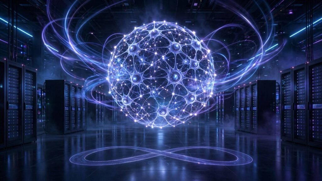 Illustration of a glowing neural-network sphere over a data center, representing Meta's Muse Wonder frontier AI model, 2026