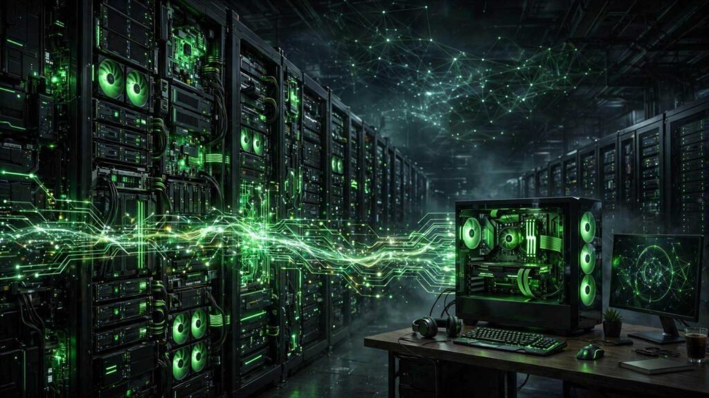 Server racks and a gaming PC workstation running NVIDIA Nemotron 3.5 open AI models, 2026