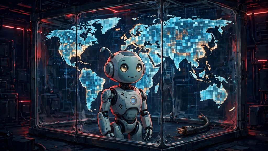 Editorial illustration of an AI robot sealed inside a glass training room, its ethernet cable cut, with a world map made of cached data tiles, 2026