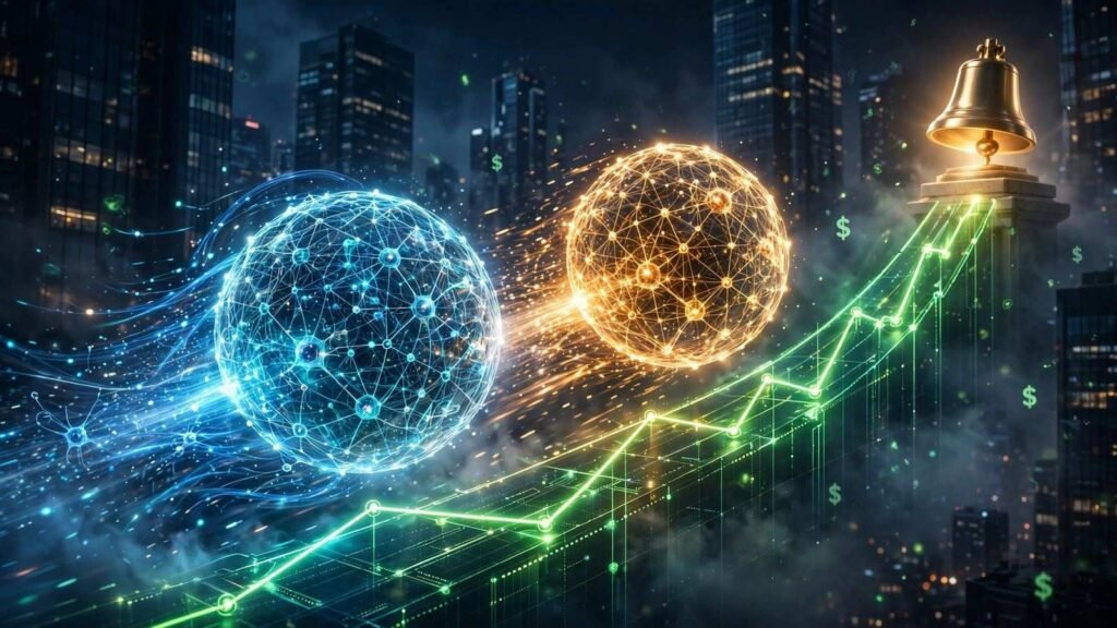 Illustration of two AI labs racing to raise capital, with a rising valuation chart and a city skyline, 2026
