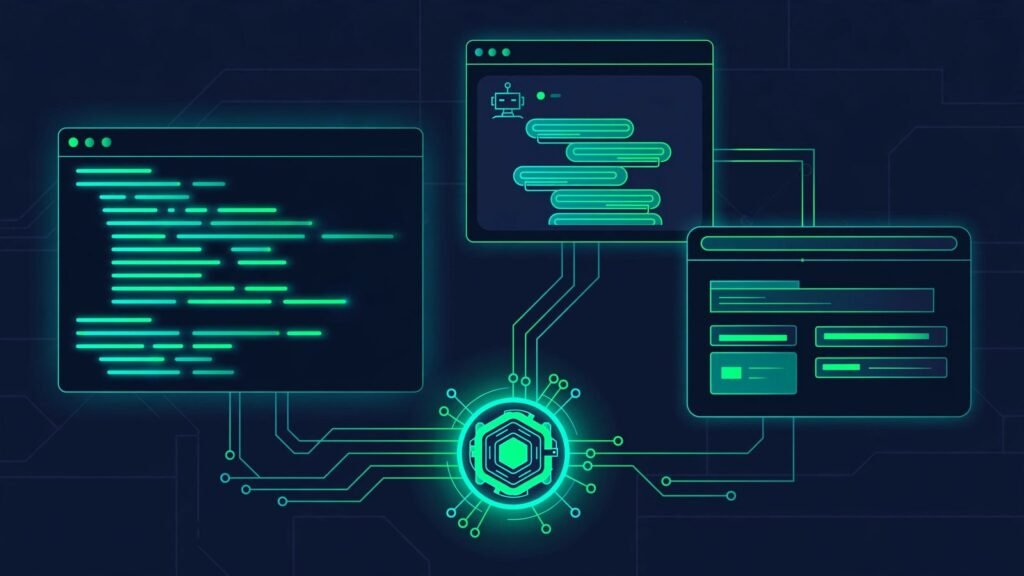 AI coding agent shown on terminal, desktop and web screens sharing one background service (illustration)