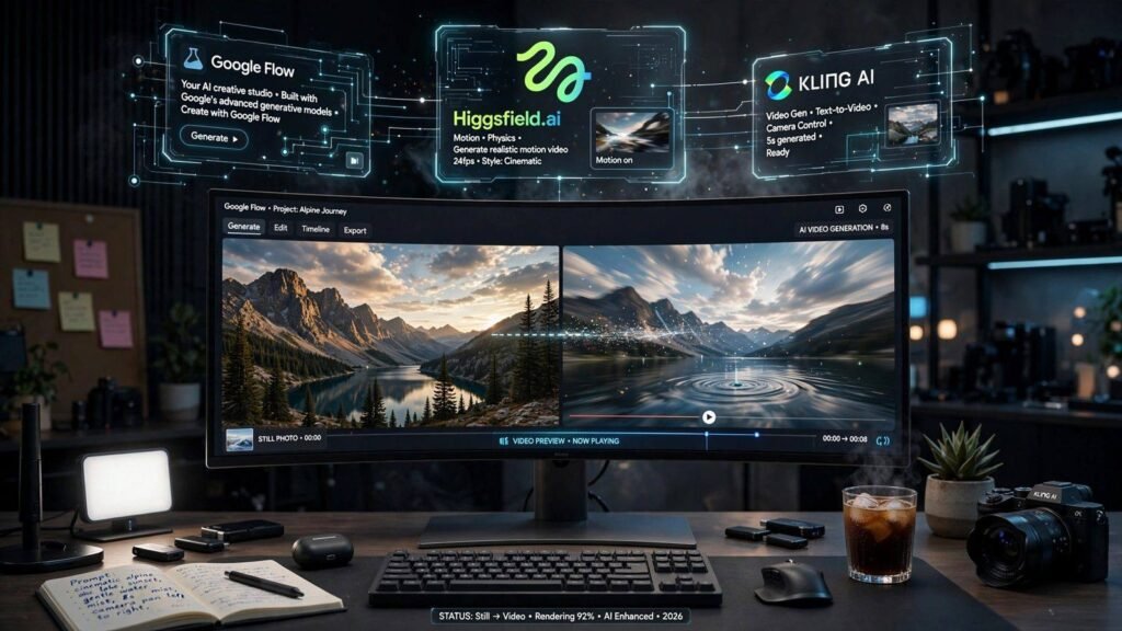 Creator turning a still photo into video with Flow, Higgsfield and Kling, 2026