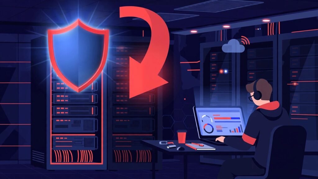 Server room with a shield and software update symbol protecting a website server, 2026.