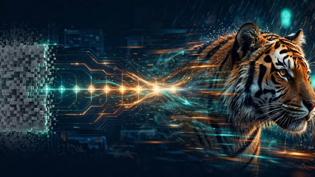 AI image diffusion visualised: a noisy latent grid with glowing step markers transforming into a photorealistic tiger portrait, 2026