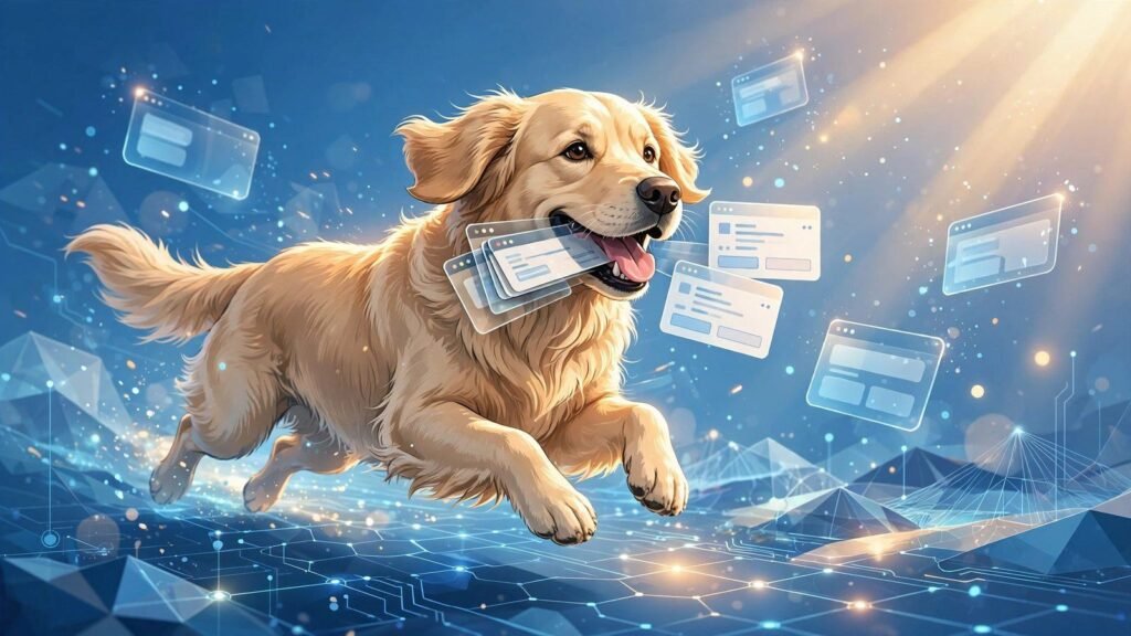 Golden retriever sprinting through a glowing digital landscape carrying floating browser tabs, 2026