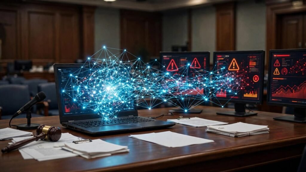 Government hearing desk with a laptop showing an AI agent network reaching toward monitors with warning alerts