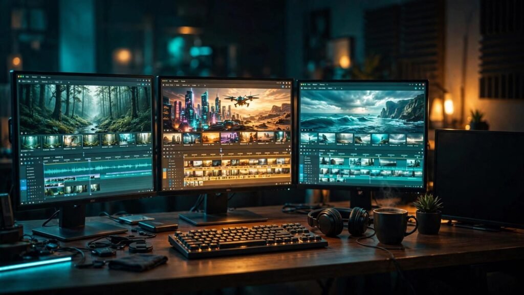 Video creator comparing AI video tools on monitors after Sora 2 shutdown, 2026