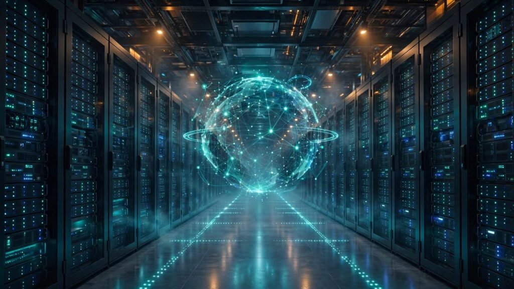 Server room of GPUs with a glowing neural-network globe, ahead of StepFun's Step 5 Preview open-weight release, October 2026
