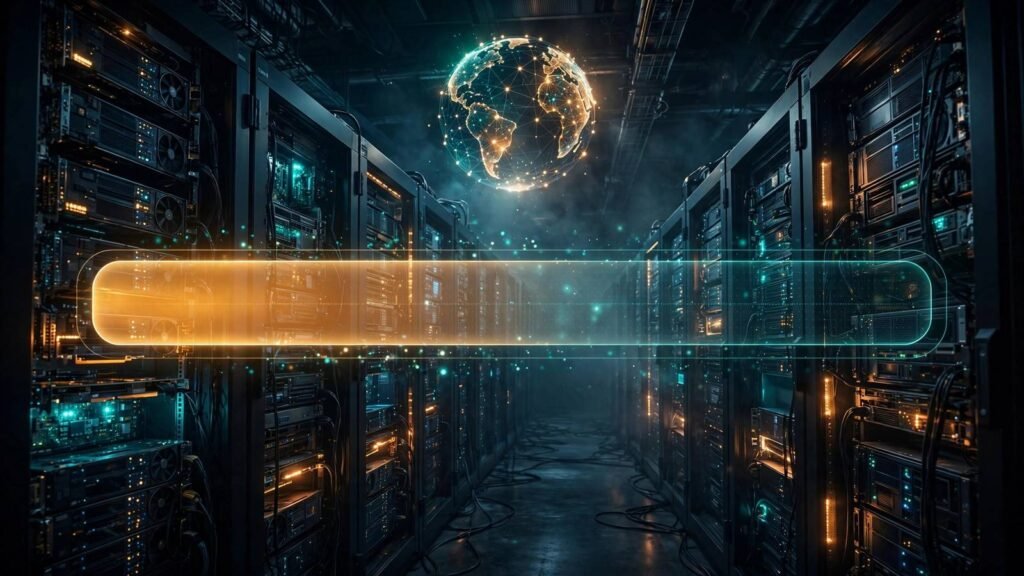Download progress bar over GPU server racks marking StepFun's Step 5 open-weight release, October 2026