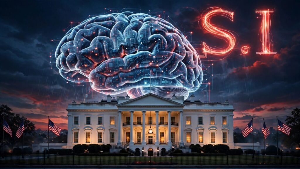 Illustration of the White House under a glowing superintelligence neural-network brain