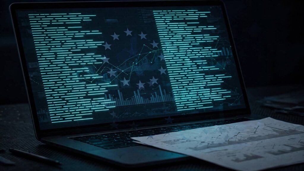 Glowing text on a screen with an invisible watermark pattern, EU context, 2026