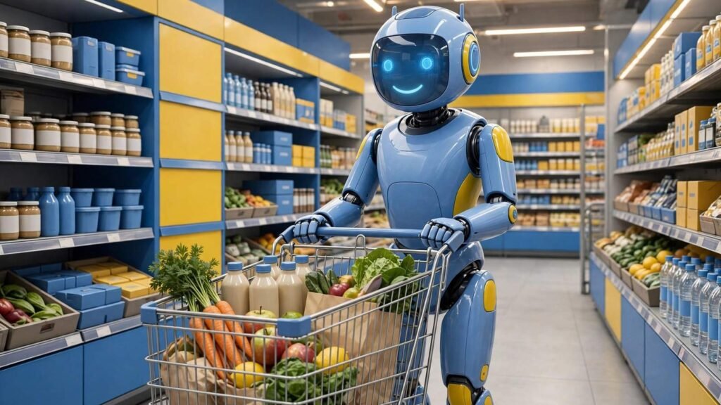 AI robot shopping agent pushing a cart through a supermarket aisle, 2026